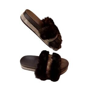 New Women Faux Fur Rhinestone Platform Slide Crystal Mid Heel Slipper Sandal S 7